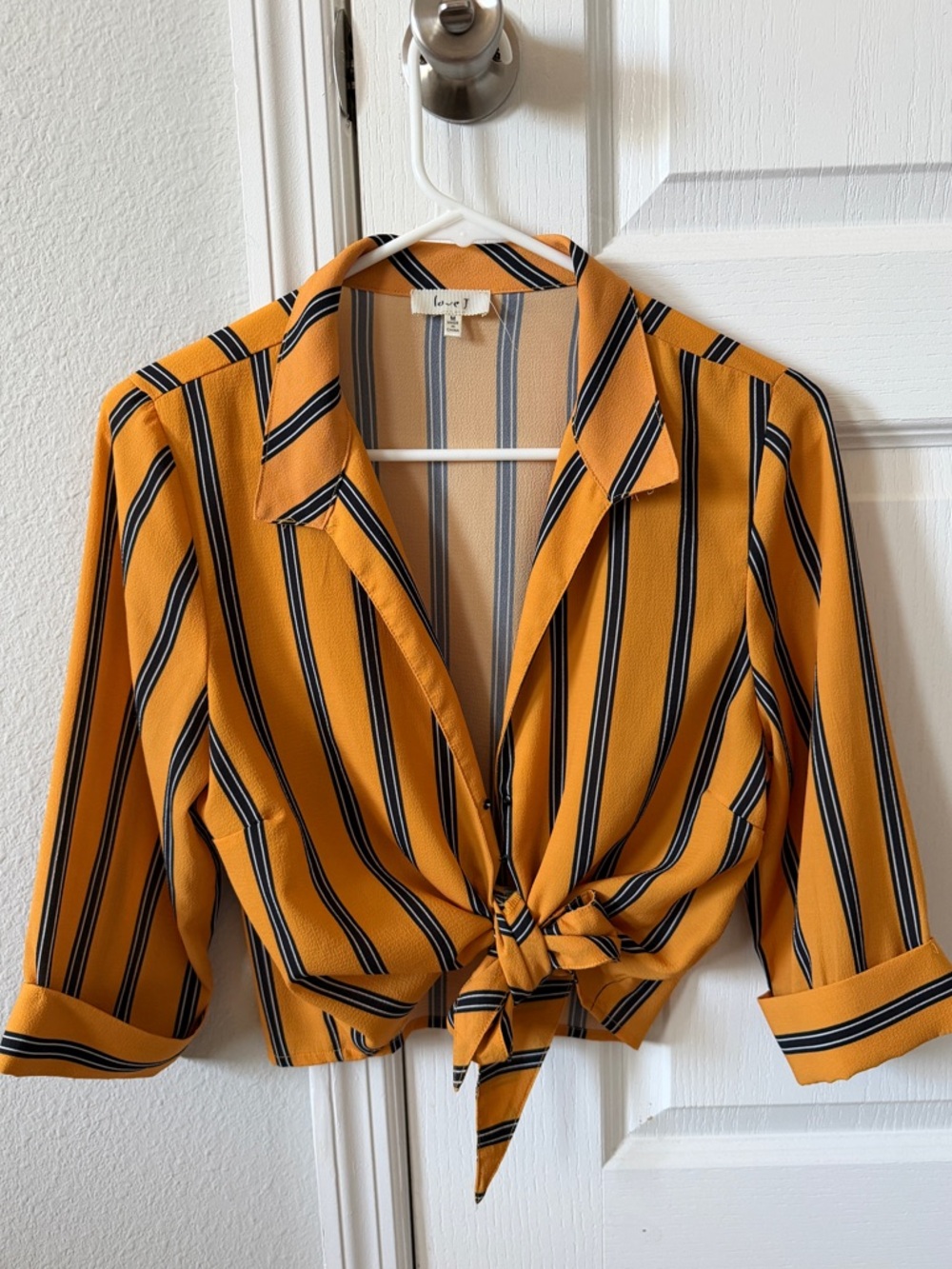 Tie-Front Striped Women's Top in Mustard